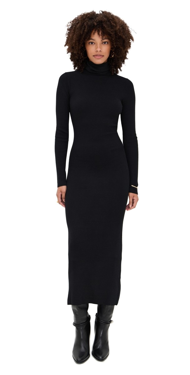 Enza Costa Silk Blend Rib Sweater Turtleneck Dress Black