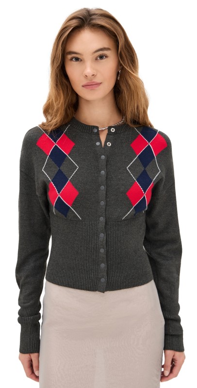 Lioness Head In The Clouds Cardigan Grey Argyle