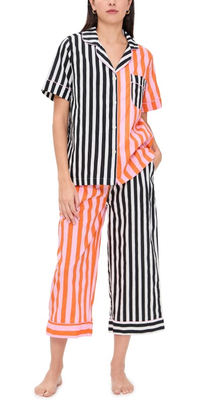 Printfresh Short Sleeve Cropped Pajama Set Showtime Stripes/Skeleton