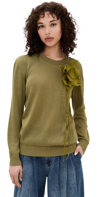 Marques'Almeida Thin Knit Crew Neck Sweater with Flower Embellishment Khaki