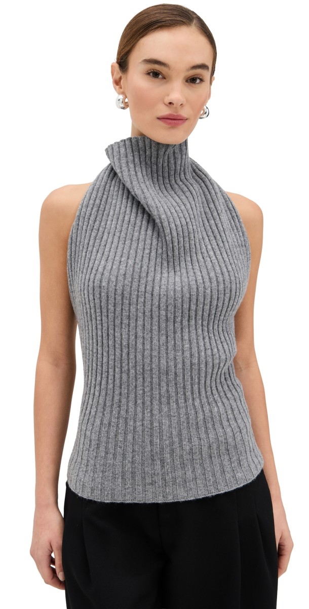 Victoria Beckham Draped Sleeveless Rib Top Grey Melange