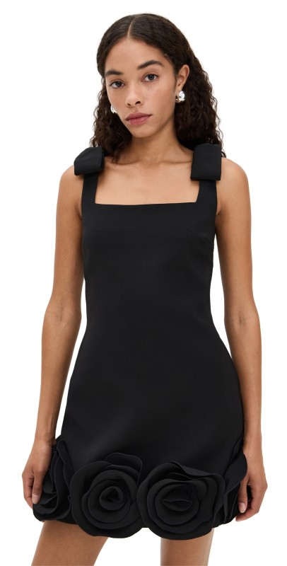 Self Portrait 3D Crepe Flower Mini Dress Black