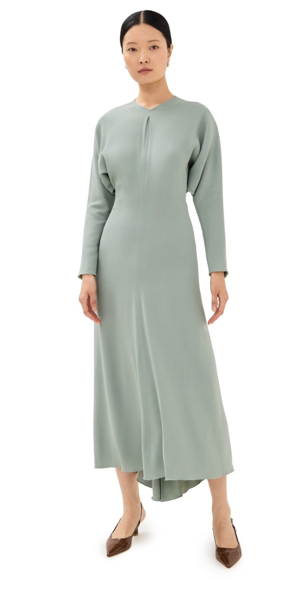 Victoria Beckham Long Sleeve Draped Midi Dress Wasabi