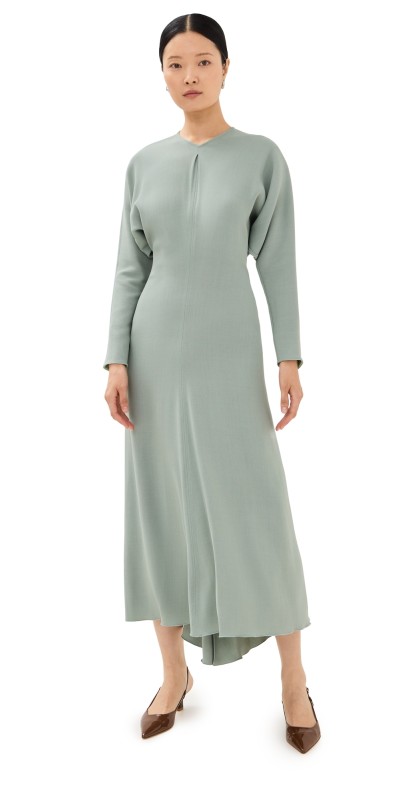 Victoria Beckham Long Sleeve Draped Midi Dress Wasabi