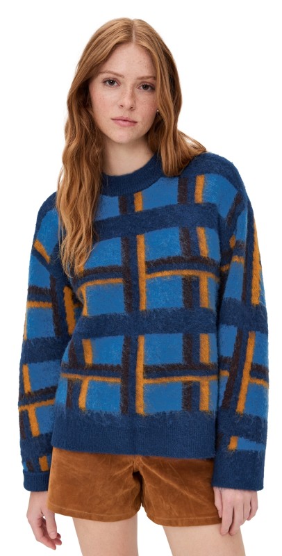 SIMONMILLER Calder Knit Sweater Tonal Blue Plaid