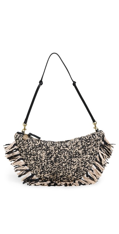 Clare V. Lune Bag Black/Cream Raffia w/ Fring