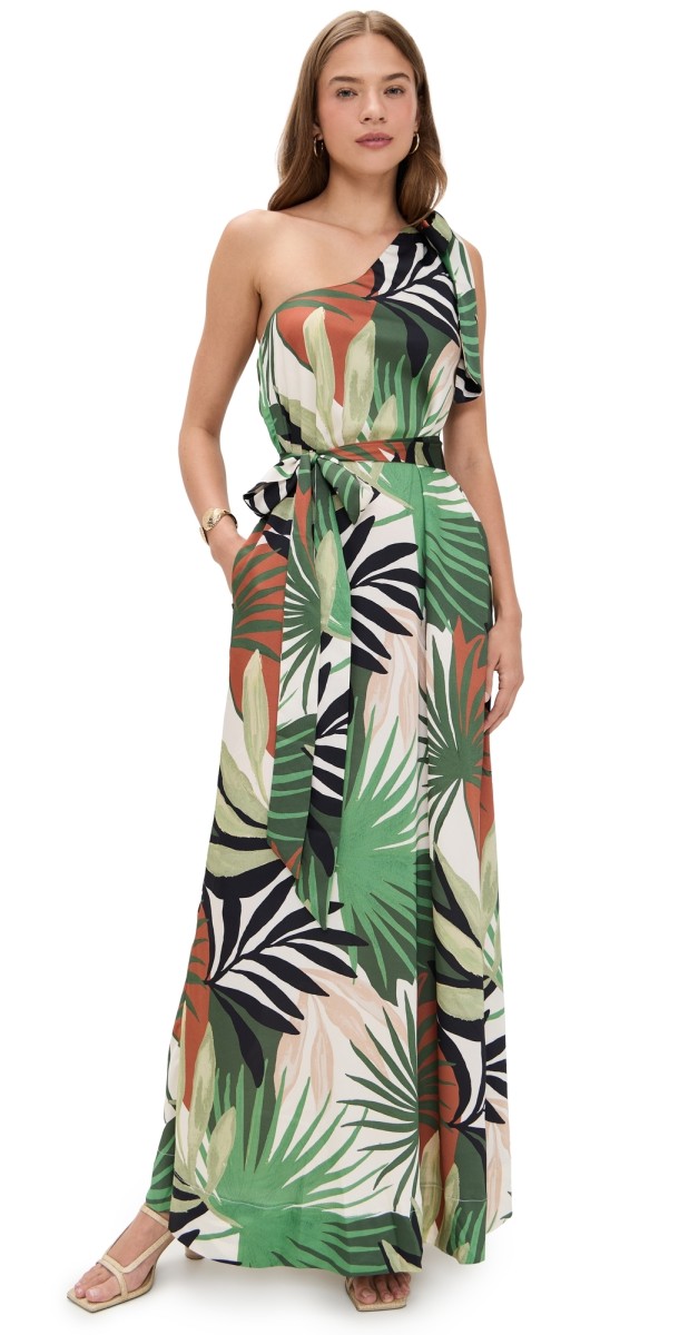 Show Me Your Mumu Jackie Maxi Dress Caribbean Palms Luxe Satin