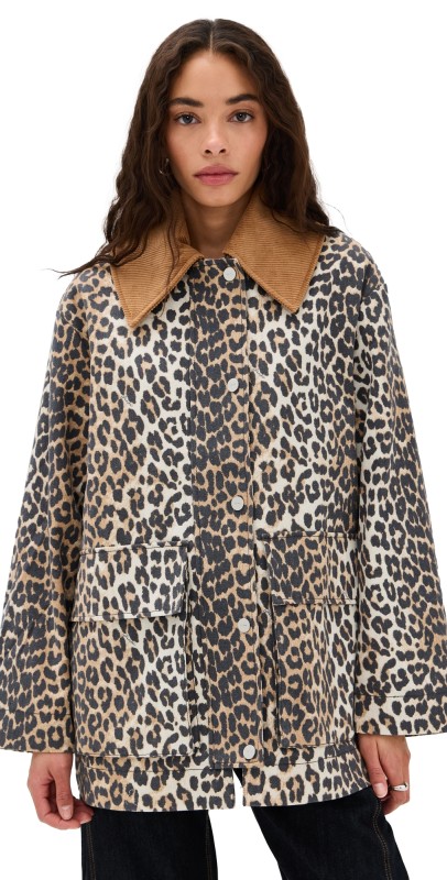 GANNI Printed Canvas Midi Jacket Almond Milk
