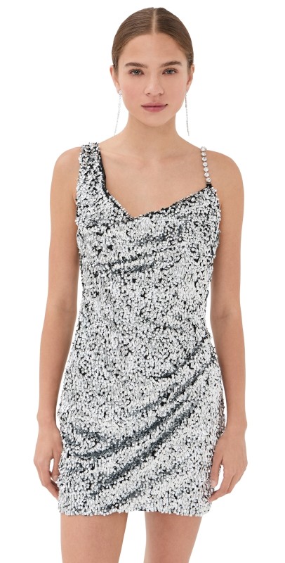 AREA Crystal Strap Sequin Mini Dress Silver