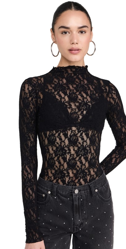 Hanky Panky Signature Lace Mock Neck Long Sleeve Thong Bodysuit Black