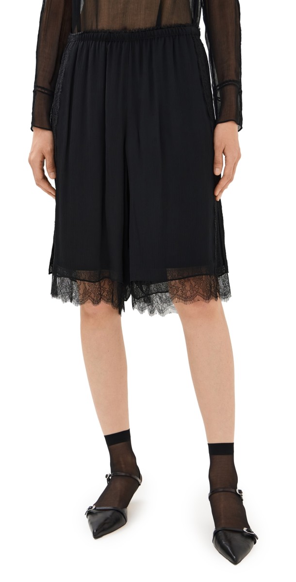 Vince Mid Rise Chiffon Shorts With Lace Trim Black