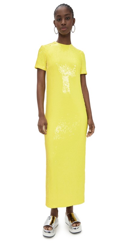 MSGM Sequin Short Sleeve Maxi Dress Broom Yellow