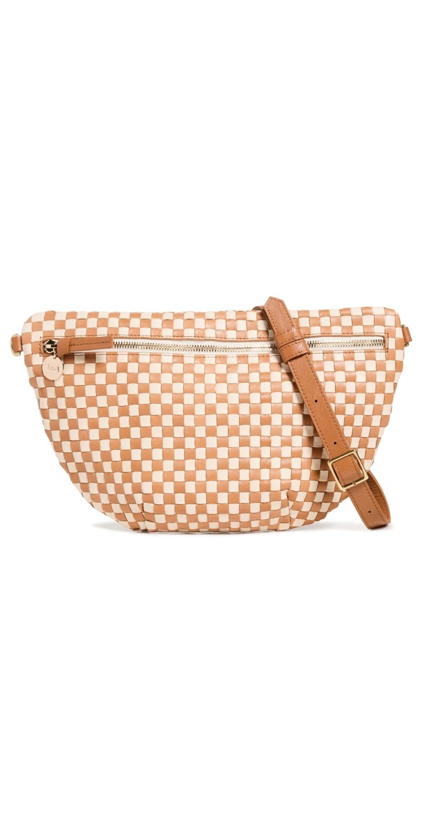Clare V. Grande Fanny Natural & Cream Woven Checker