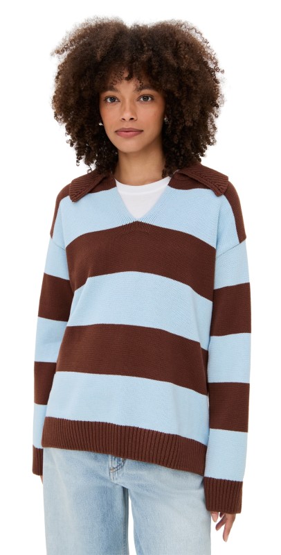 English Factory Stripe Rugby Collared Sweater Brown/Powder Blue