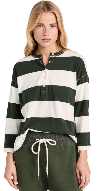 THE GREAT. The Shrunken Henley Dark Cypress Stripe