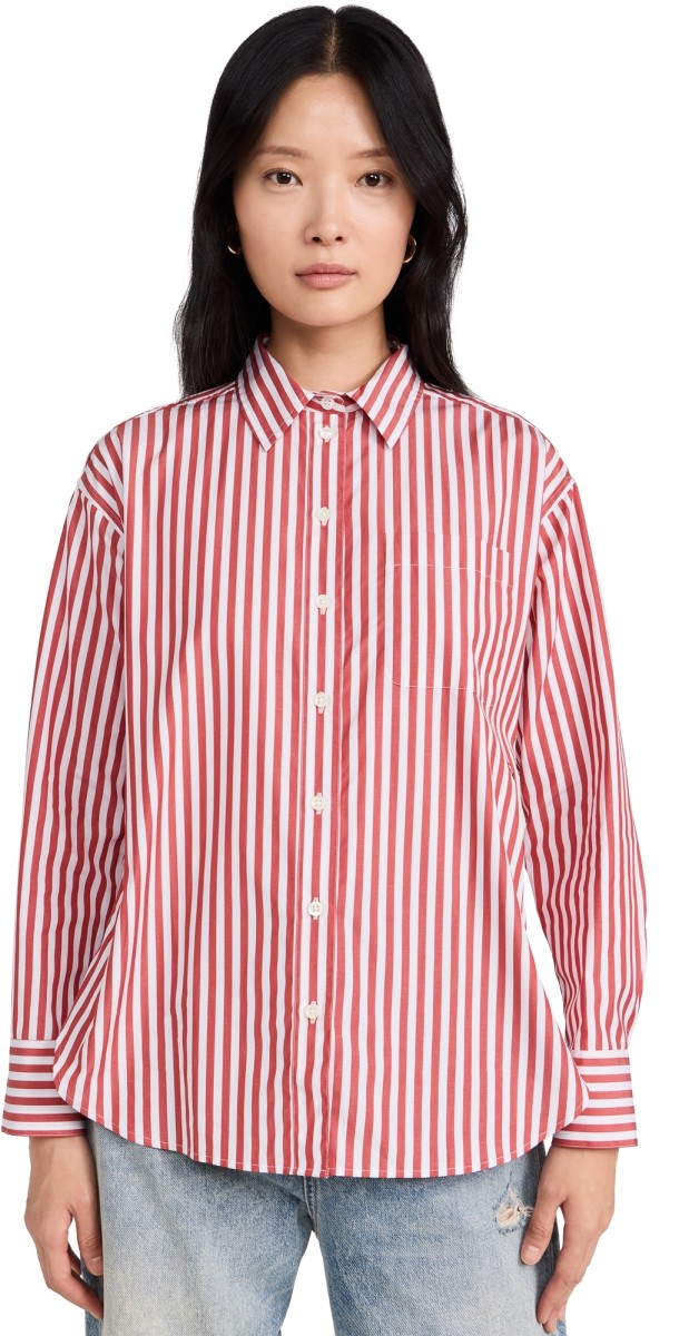 Clare V. Emiliette Oversized Shirt Red & Cream Stripe