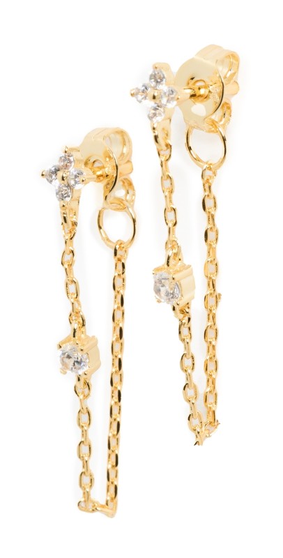 By Adina Eden Cubic Zirconia Flower Chain Front Back Stud Earrings Gold