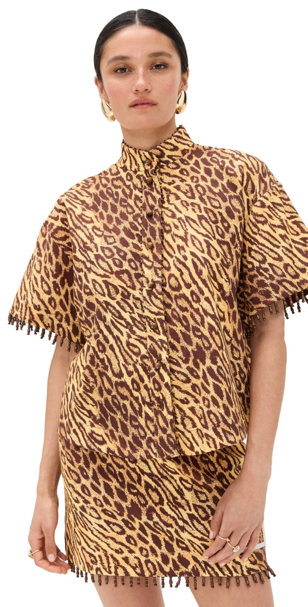 Zimmermann Coco Beaded Fringe Shirt Leopard
