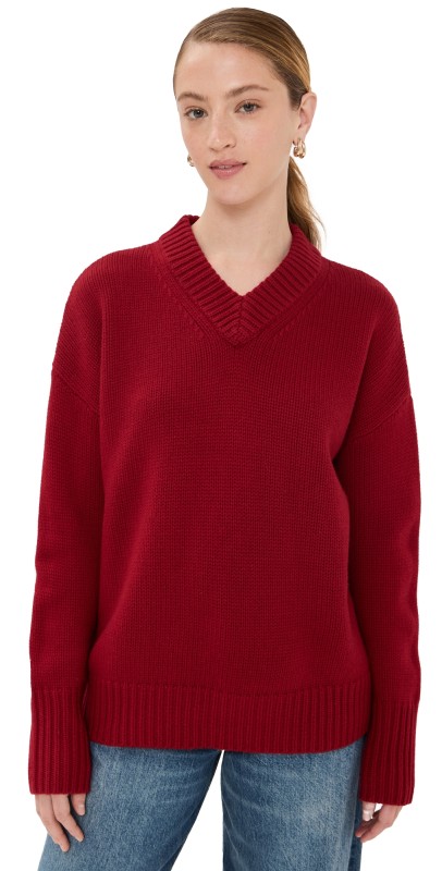 La Ligne Solid Marin V Neck Sweater Brick