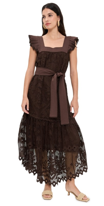 FARM Rio Pineapple Guipure Brown Midi Dress Brown