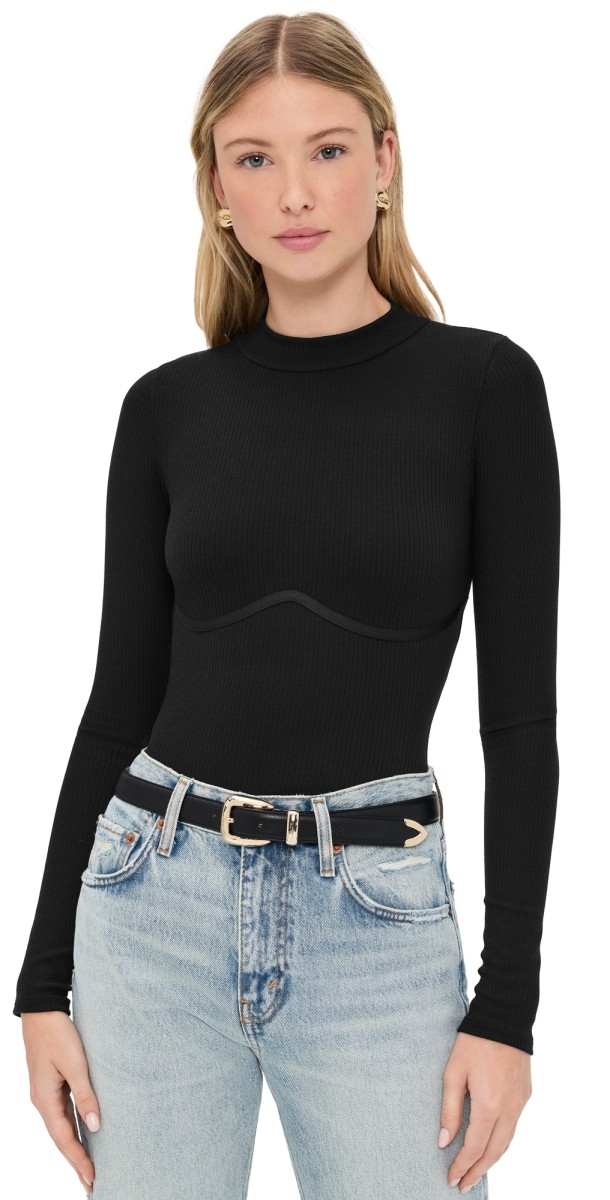 Fleur du Mal Hourglass Rib Mock Neck Thong Bodysuit Black