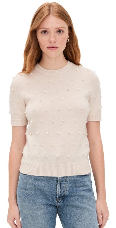 Zimmermann Beaded Short Sleeve Sweater Chalk