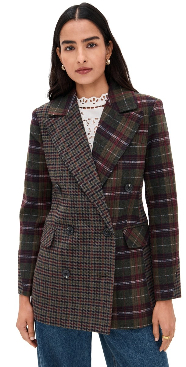 Avec Les Filles Combo Collar Hourglass Blazer Olive-Burgundy Plaid Multi