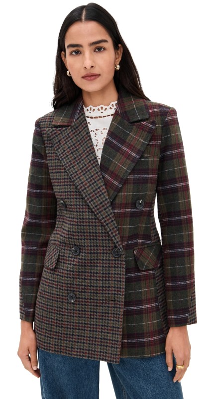 Avec Les Filles Combo Collar Hourglass Blazer Olive-Burgundy Plaid Multi