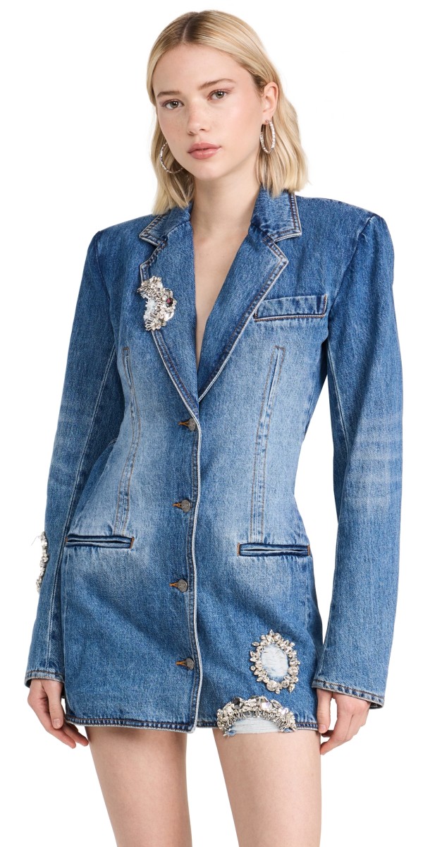 AREA Distressed Crystal Blazer Dress Light Indigo