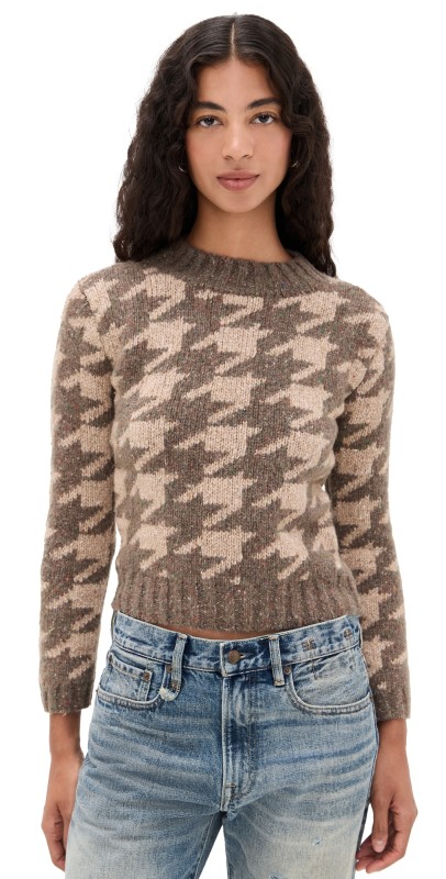 R13 Mock Collar Shrunken Sweater Brown With Tan Houndstooth