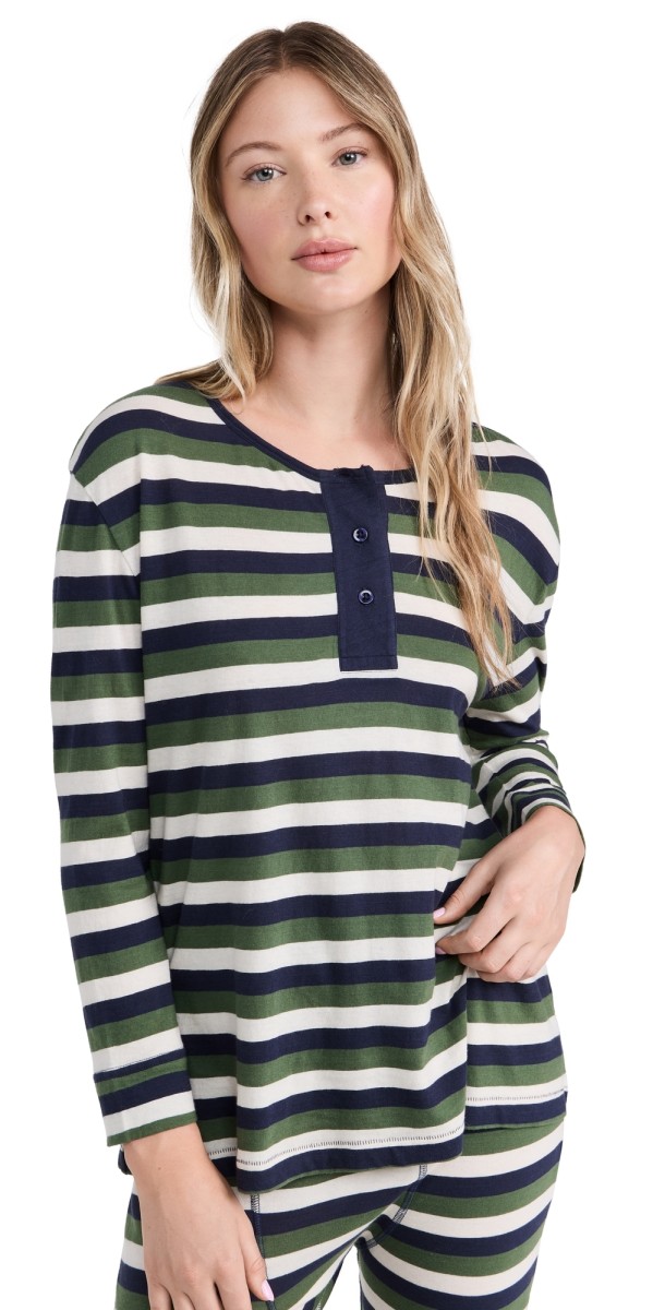 THE GREAT. The Sleep Henley Winter Pine Stripe