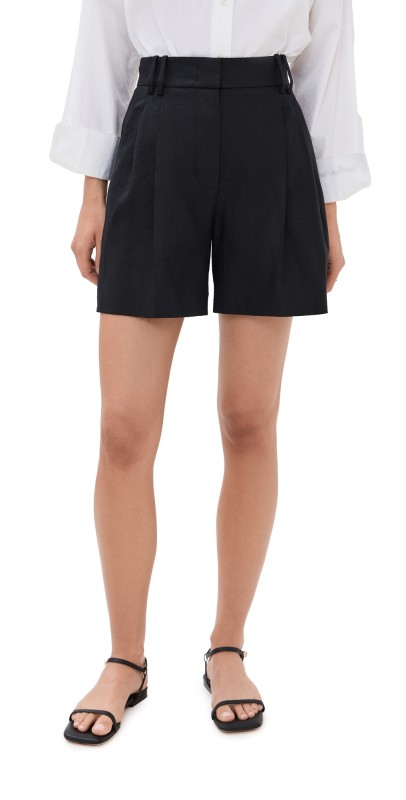 Another Tomorrow Solid Linen Pleated Shorts Black