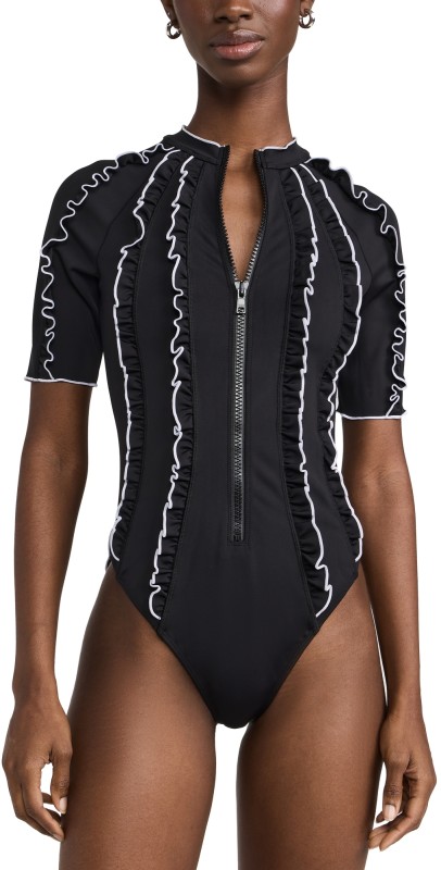 Sea Camille Ruffle Purl Zip Up One Piece Black