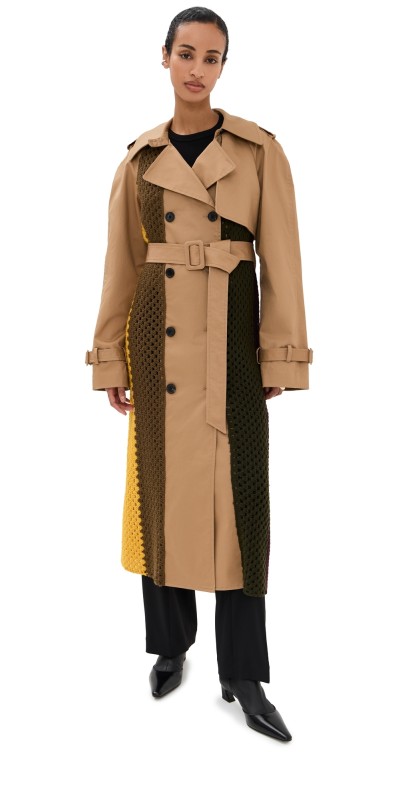 Monse Crochet Combo Trench Coat Dark Khaki
