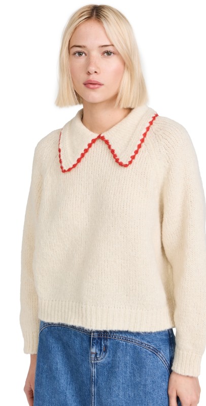 THE GREAT. The Crochet Collar Pullover Soft White w/ Cherry