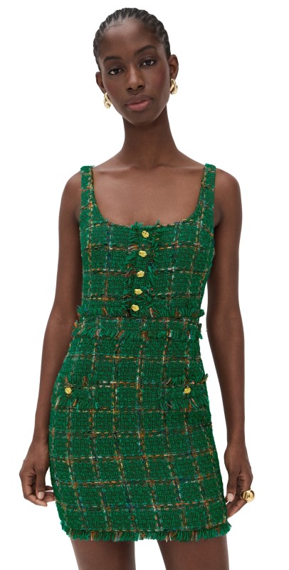 L'AGENCE Valli Square Neck Mini Dress Green Windowpane Tweed