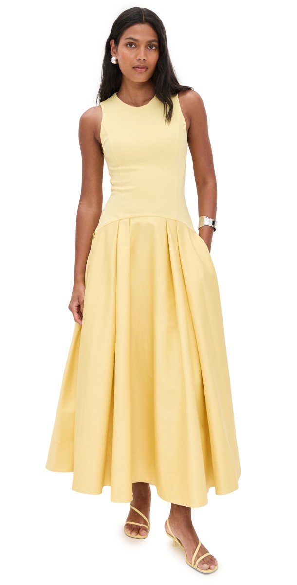 alice + olivia Adley Drop Waist Flare Midi Dress Butter