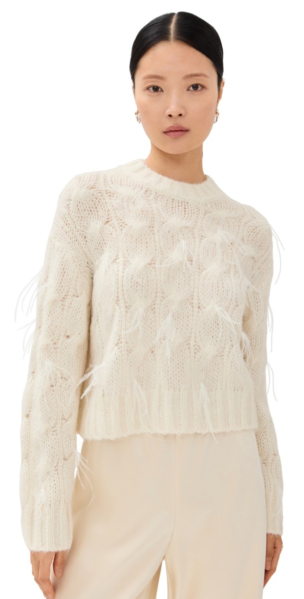 Vince Feather Embellished Cable Pullover Off White