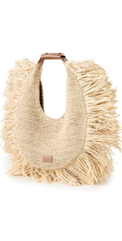 STAUD Large Raffia Moon Tote Bag Natural Fring