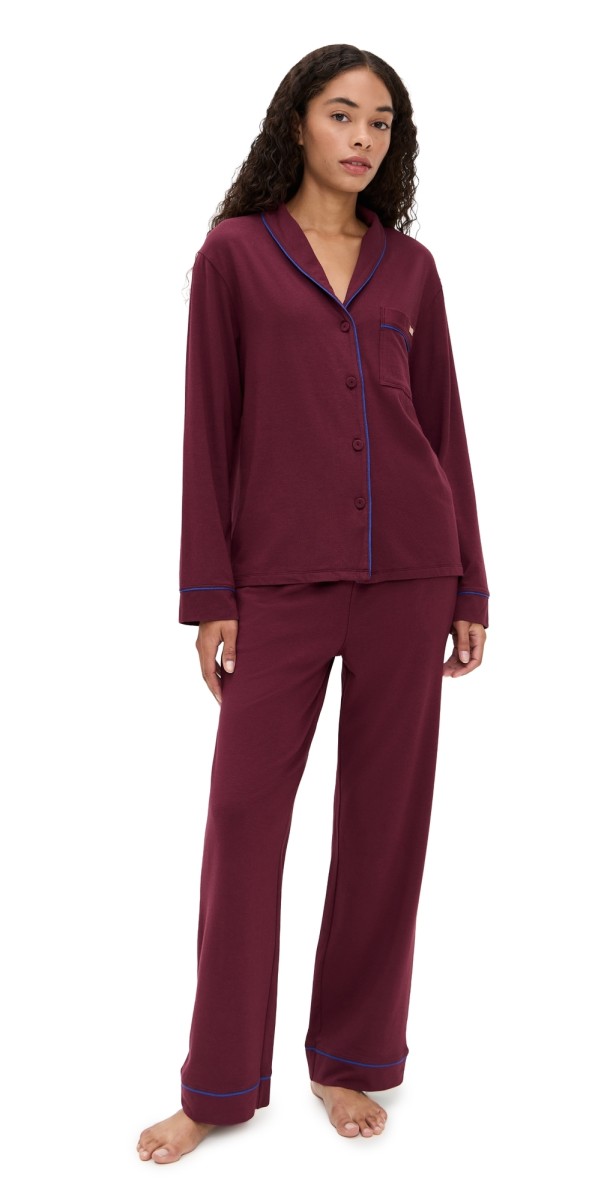 Lunya Slumberknit Shawl Collar Button Down Pants Set Calliope Wine/Royal Lagoon