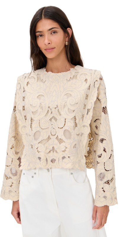Sea Ceci Embroidery Long Sleeve Top Cream