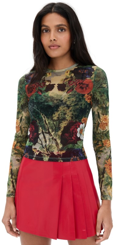 alice + olivia Delaina Printed Mesh Crop Top Forbidden Forest