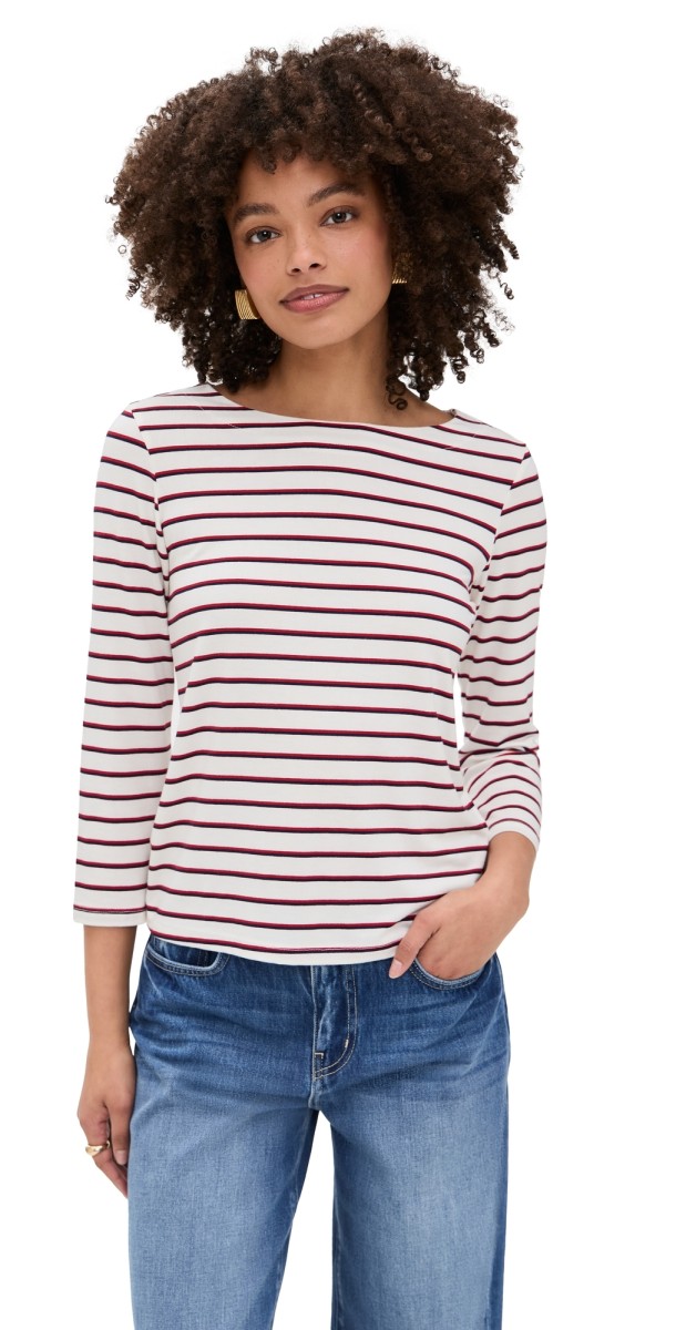 L'AGENCE Lucille Boat Neck Stripe Shirt Red/Navy/White Stripe