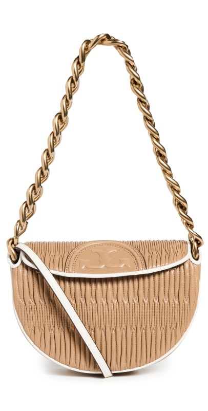 Tory Burch Fleming Soft Pleated Mini Crescent Bag Dusty Almond
