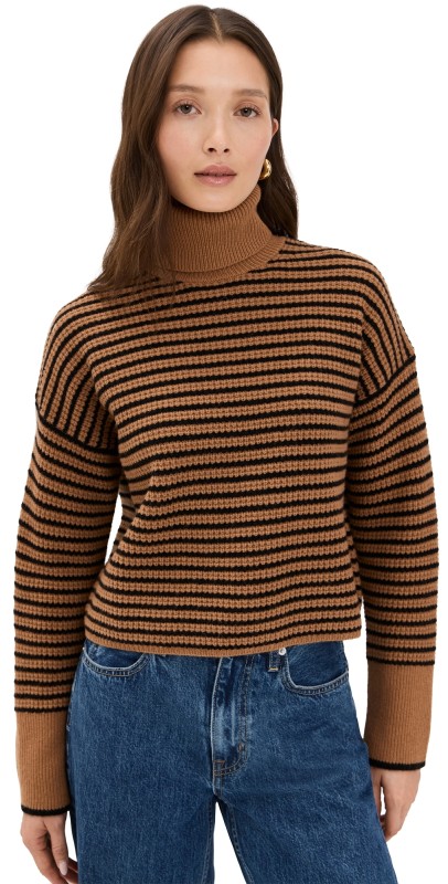 Madewell Pine Stripe Wool Waffle Turtleneck Hthr Fawn And Black Stripe