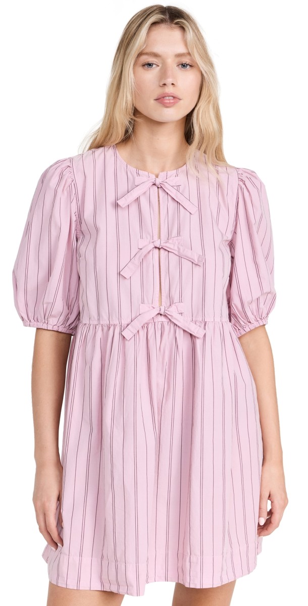 GANNI Stripe Cotton Mini Bow Tie Dress Lilac Sachet