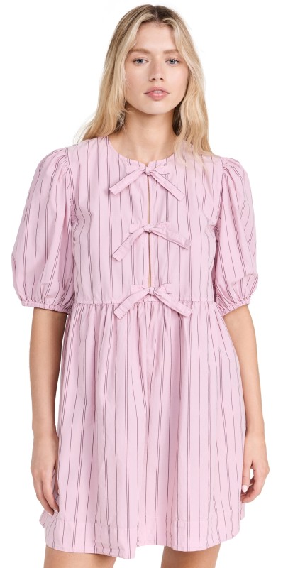 GANNI Stripe Cotton Mini Bow Tie Dress Lilac Sachet