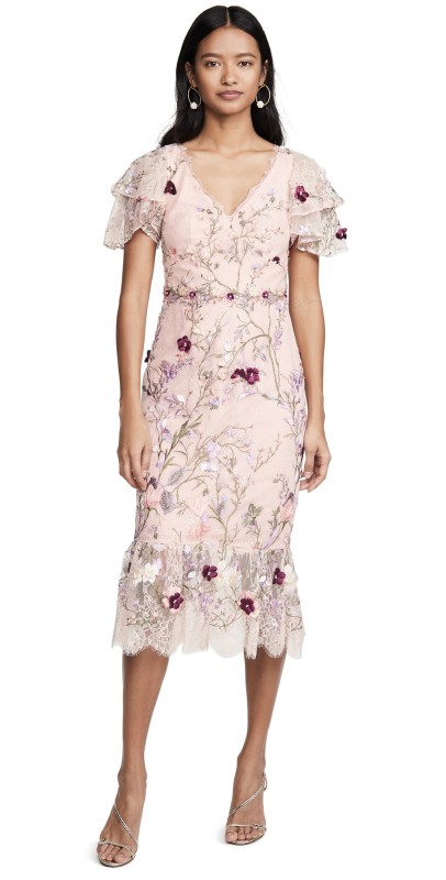 Marchesa Notte Embroidered Lace Cocktail Dress Blush
