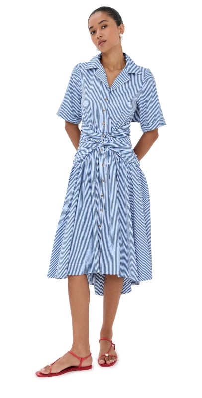 Rosie Assoulin Tie Shirt Dress Blue Stripe