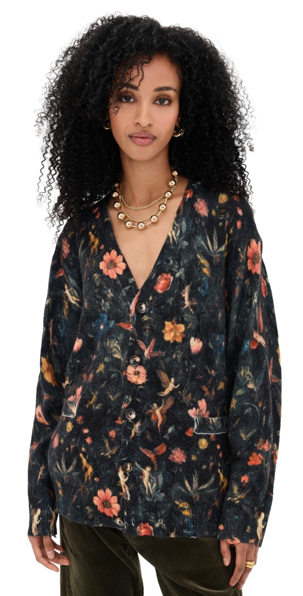R13 Printed Boyfriend Cardigan Floral With Angels Black